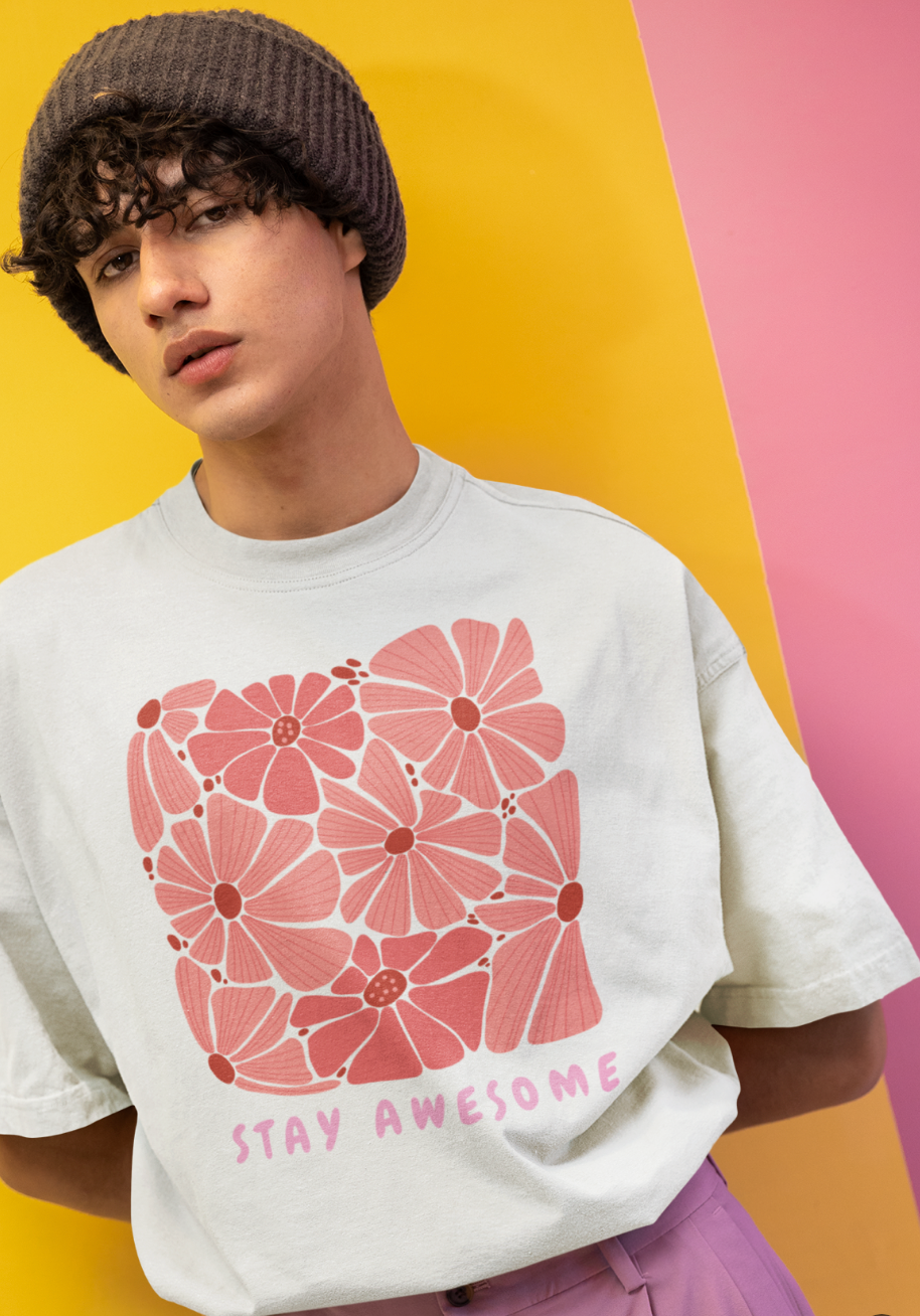 Stay Awesome Flowers Printed Oversized T-shirt