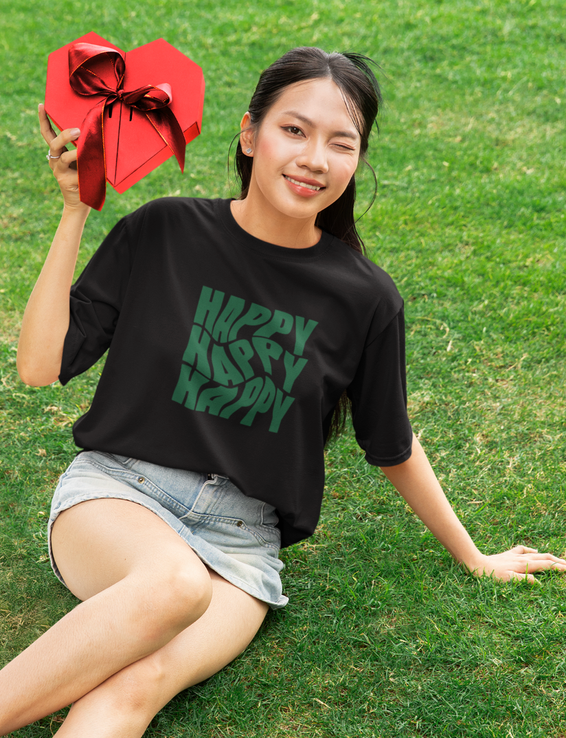 Happy Typography Printed Oversized T-shirt