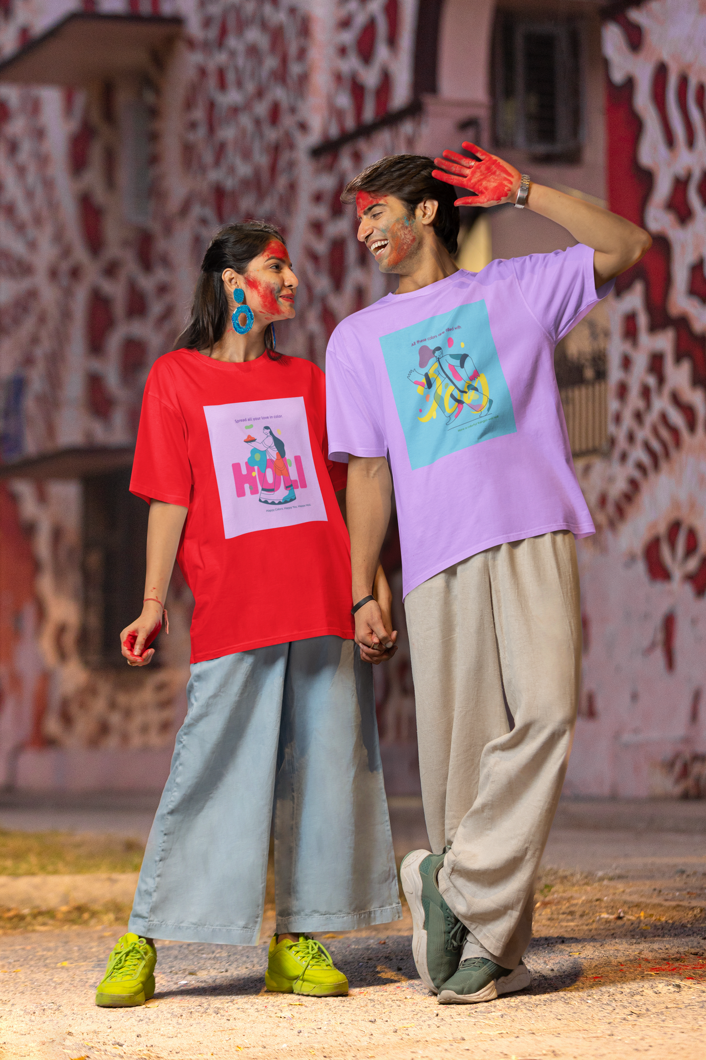 Couple Holi Festival Graphic Printed Oversized T-shirt Combo Pack of 2