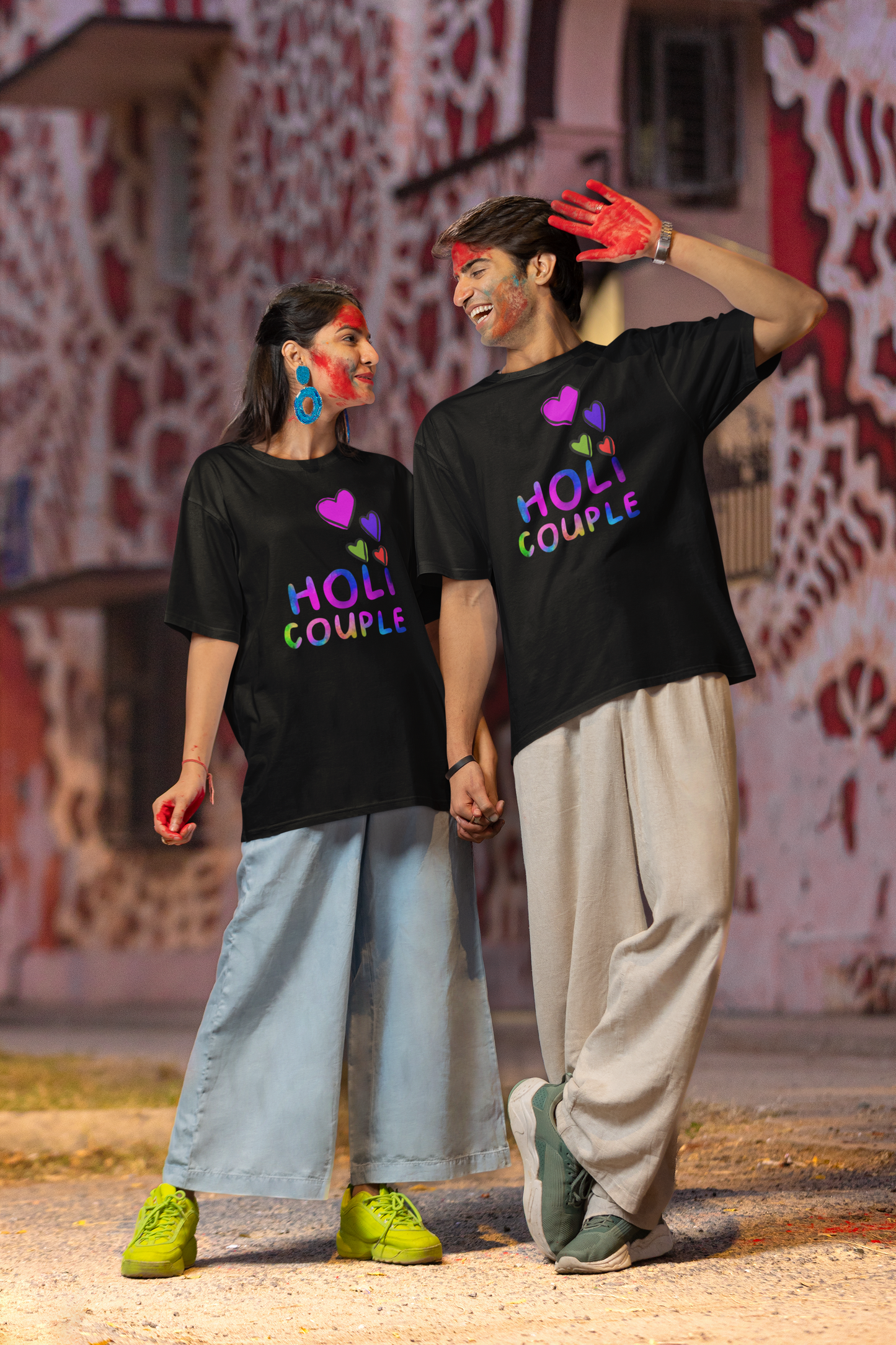 Couple Holi Oversized Printed T-shirt Combo Pack of 2