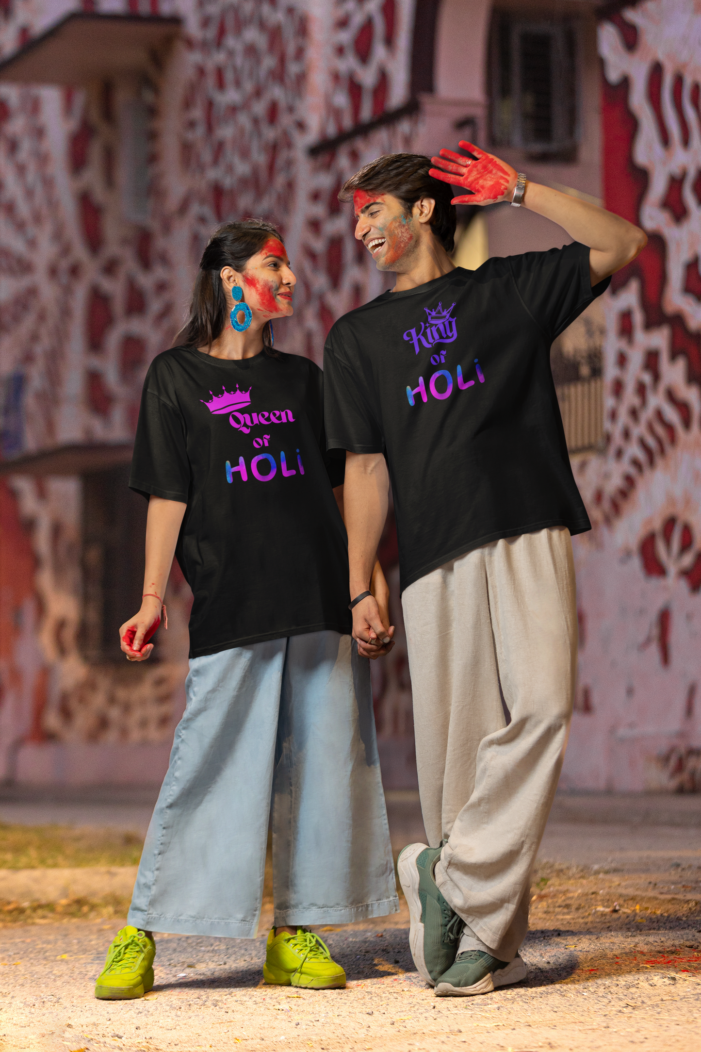 Couple Holi Printed Oversized T-shirt Combo Pack of 2