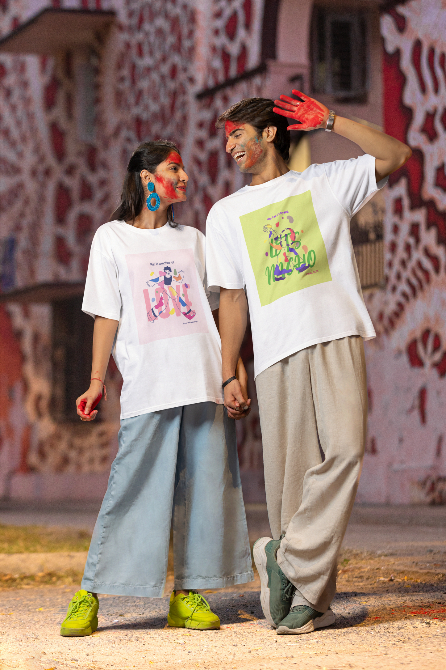 Couple Holi Festival Printed Oversized T-shirt Combo Pack of 2