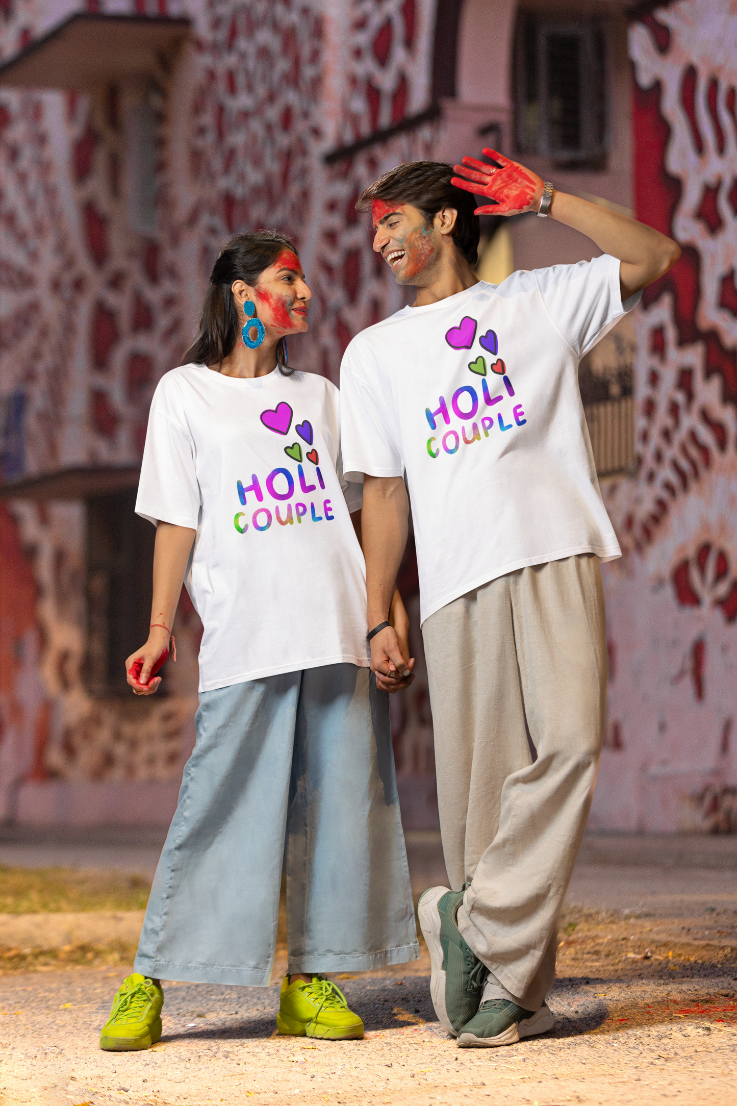 Couple Holi Oversized Printed T-shirt Combo Pack of 2