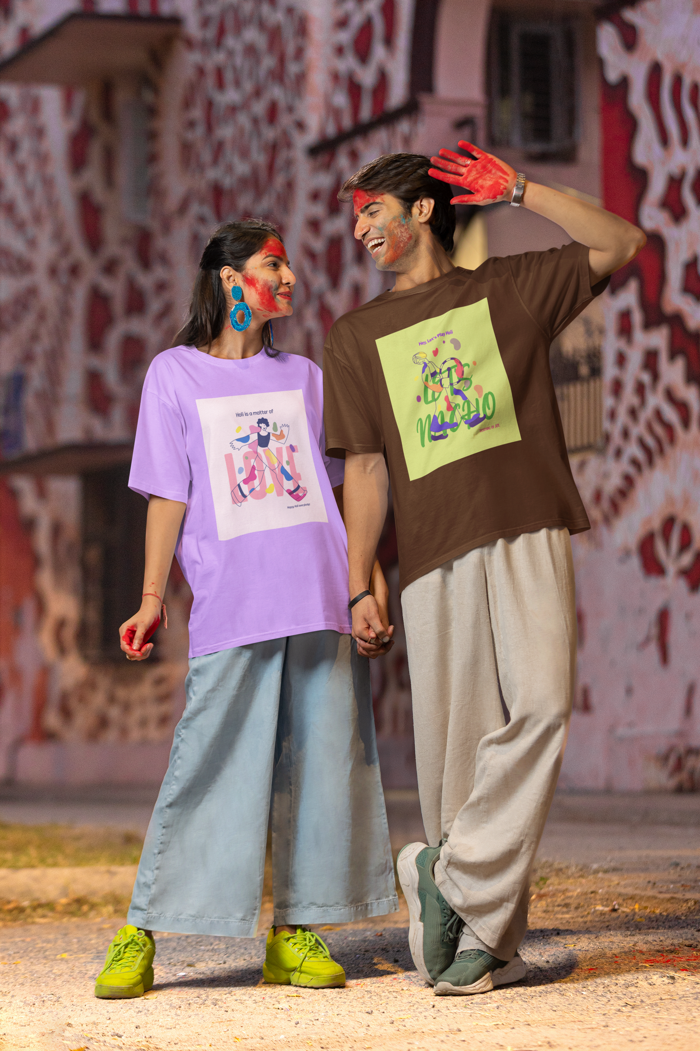 Couple Holi Oversized Printed T-shirt Combo Pack of 2