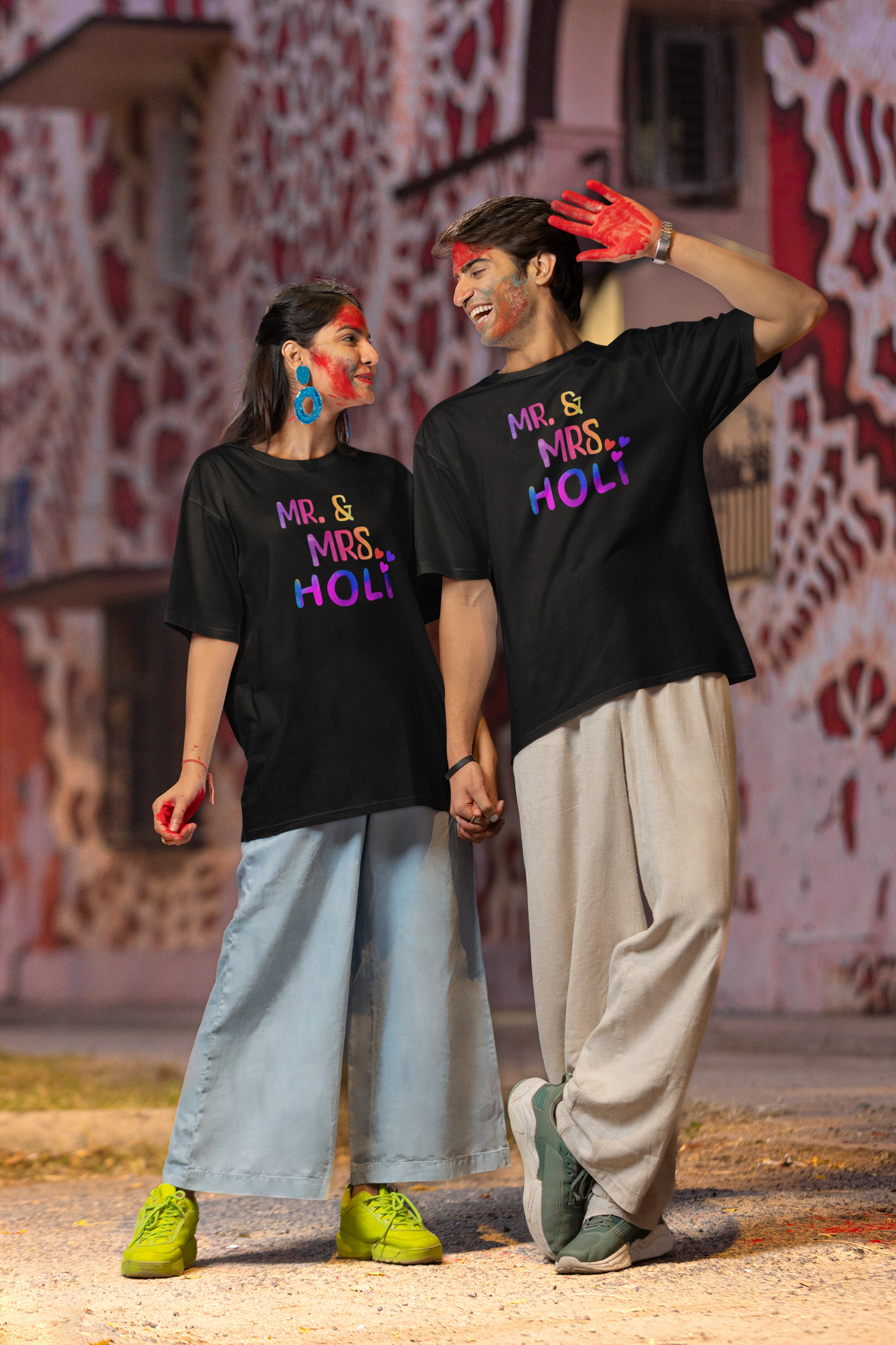 Couple Holi Oversized Printed T-shirt Combo Pack of 2