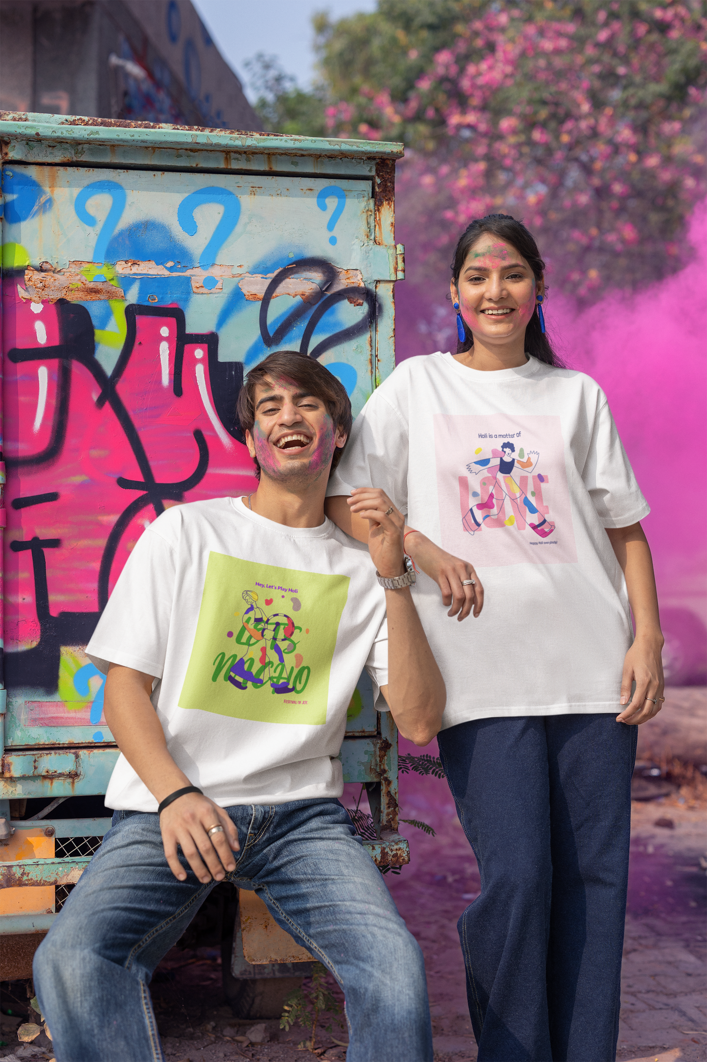 Couple Holi Festival Printed Oversized T-shirt Combo Pack of 2