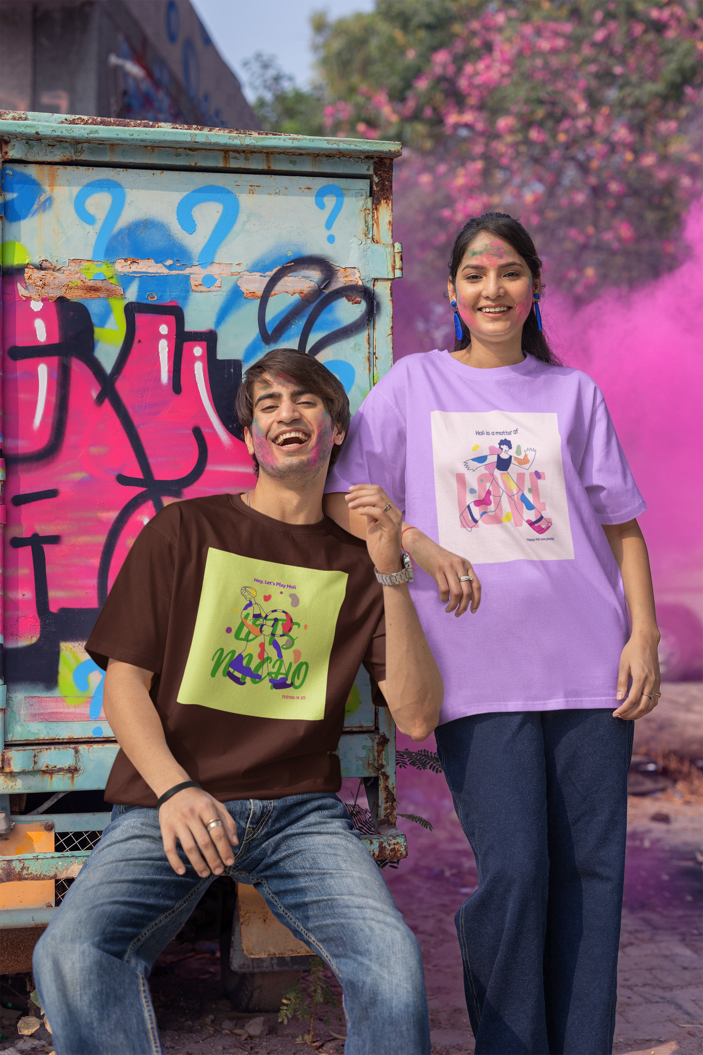 Couple Holi Oversized Printed T-shirt Combo Pack of 2