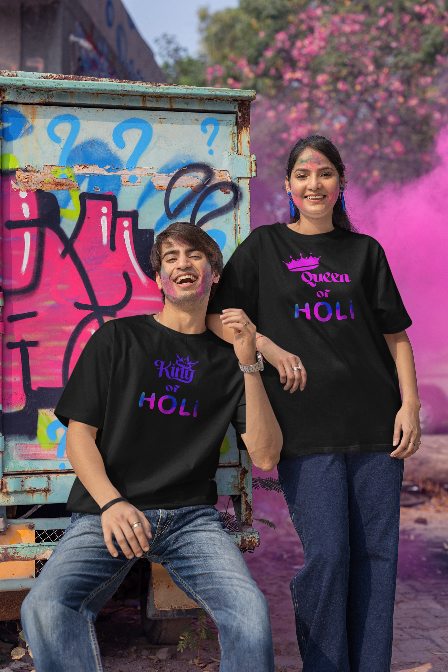 Couple Holi Printed Oversized T-shirt Combo Pack of 2