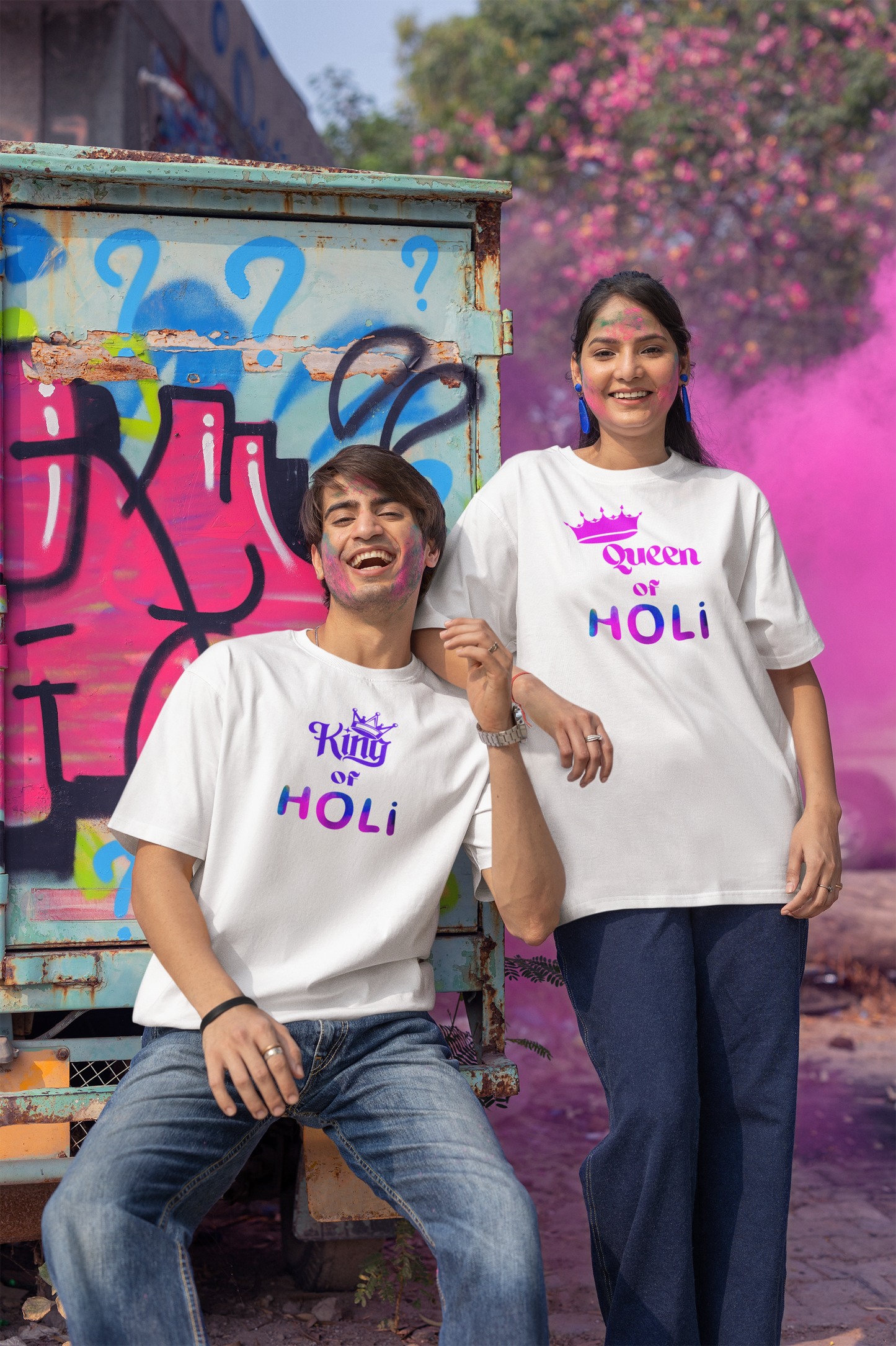 Couple Holi Printed Oversized T-shirt Combo Pack of 2