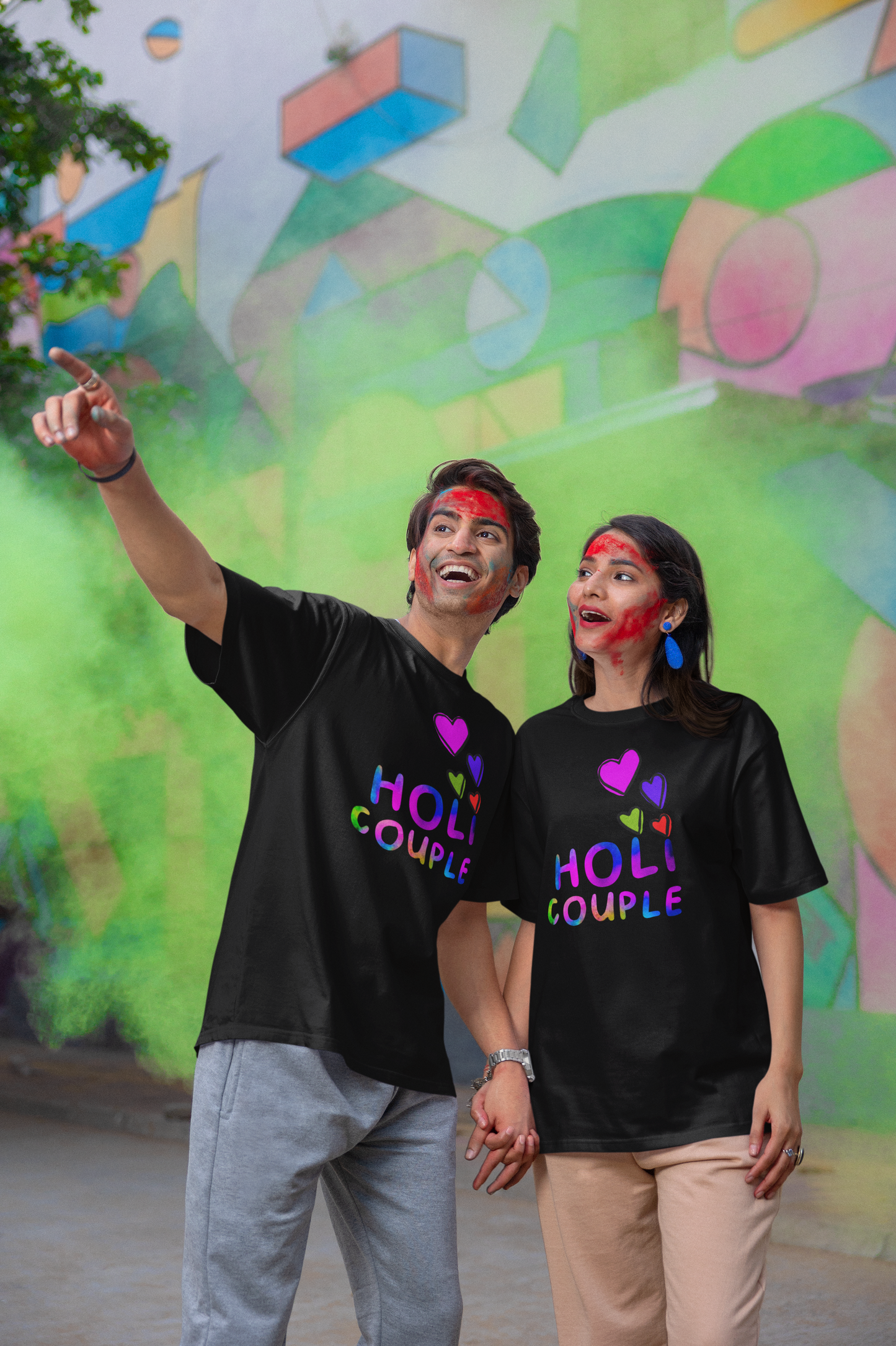 Couple Holi Oversized Printed T-shirt Combo Pack of 2
