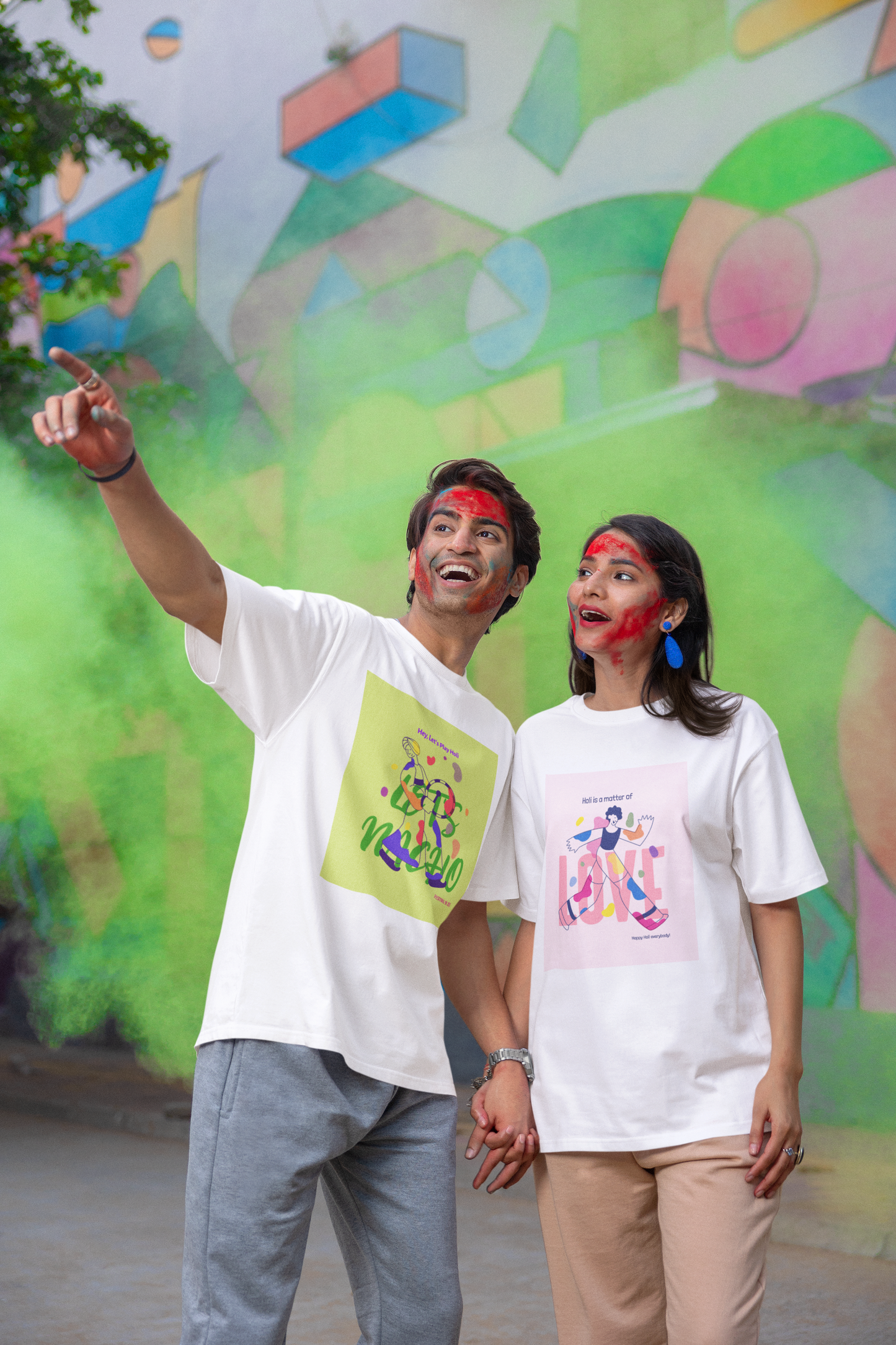 Couple Holi Festival Printed Oversized T-shirt Combo Pack of 2