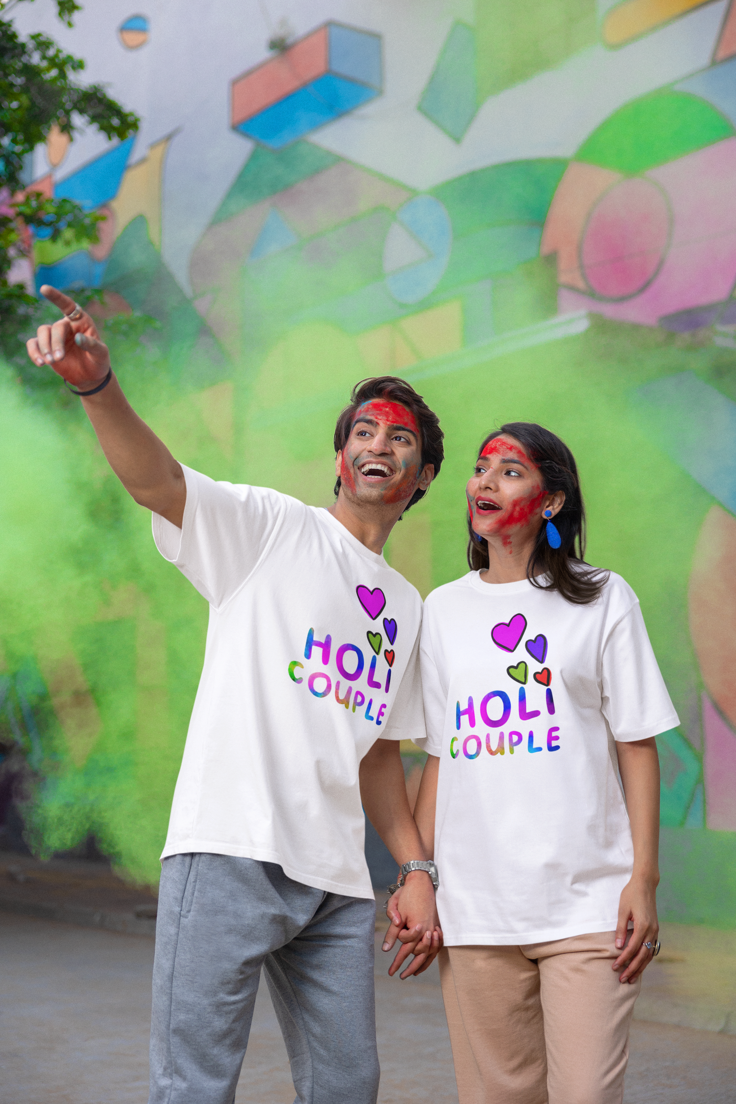 Couple Holi Oversized Printed T-shirt Combo Pack of 2