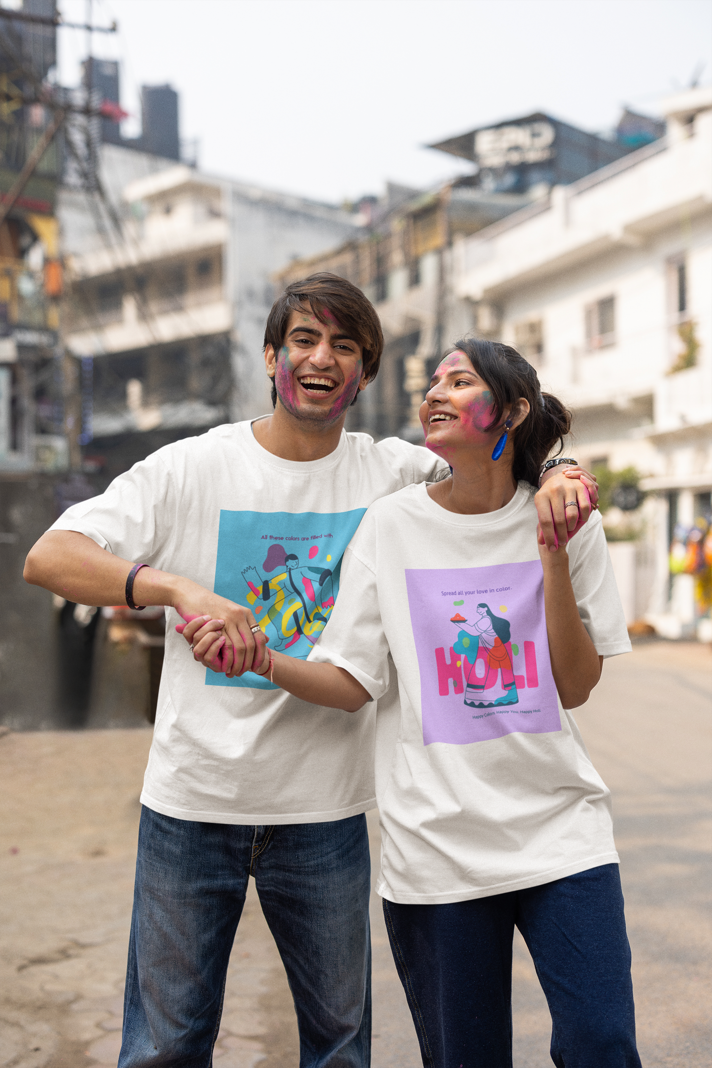 Couple Holi Festival Oversized T-shirt Combo Pack of 2