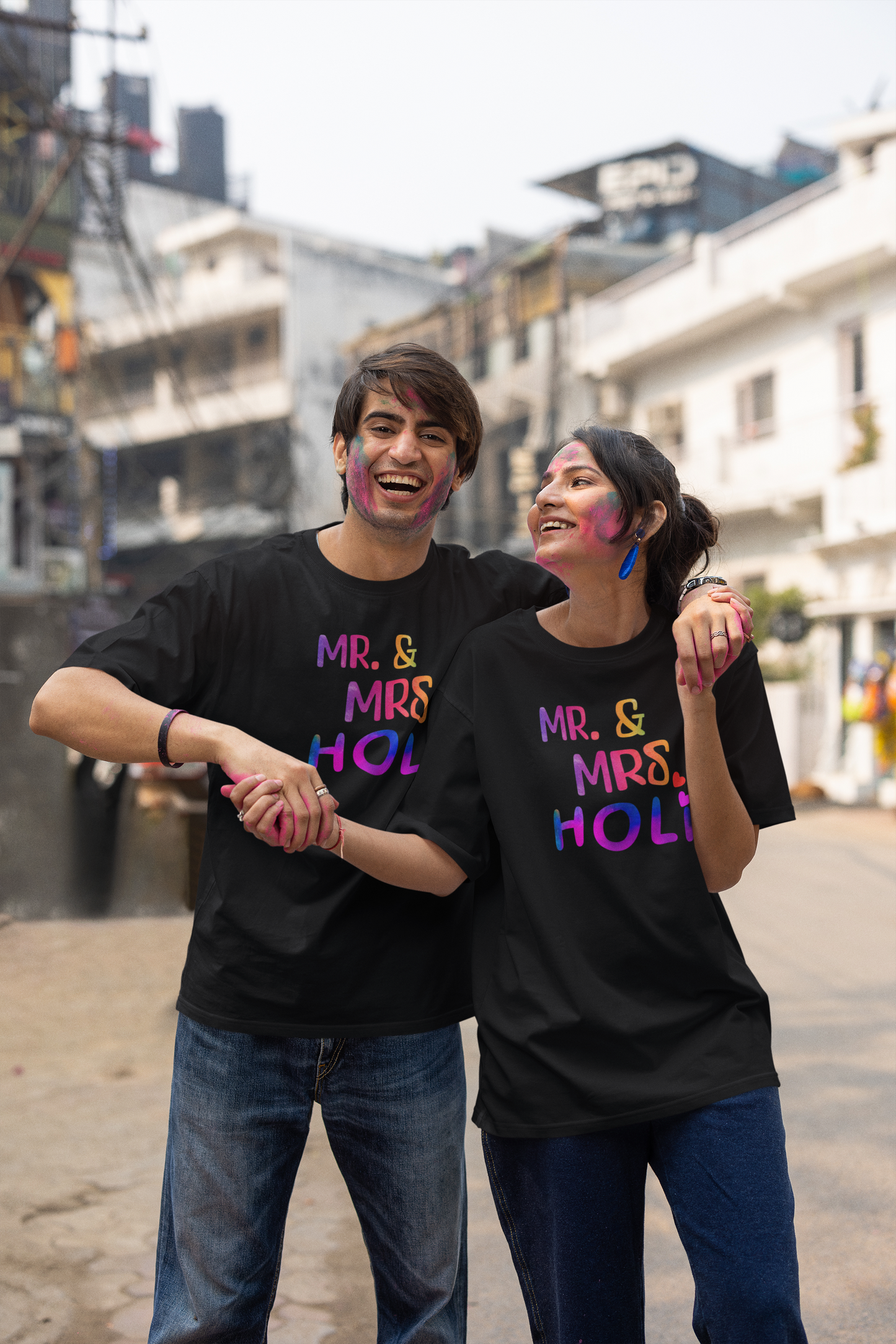 Couple Holi Oversized Printed T-shirt Combo Pack of 2