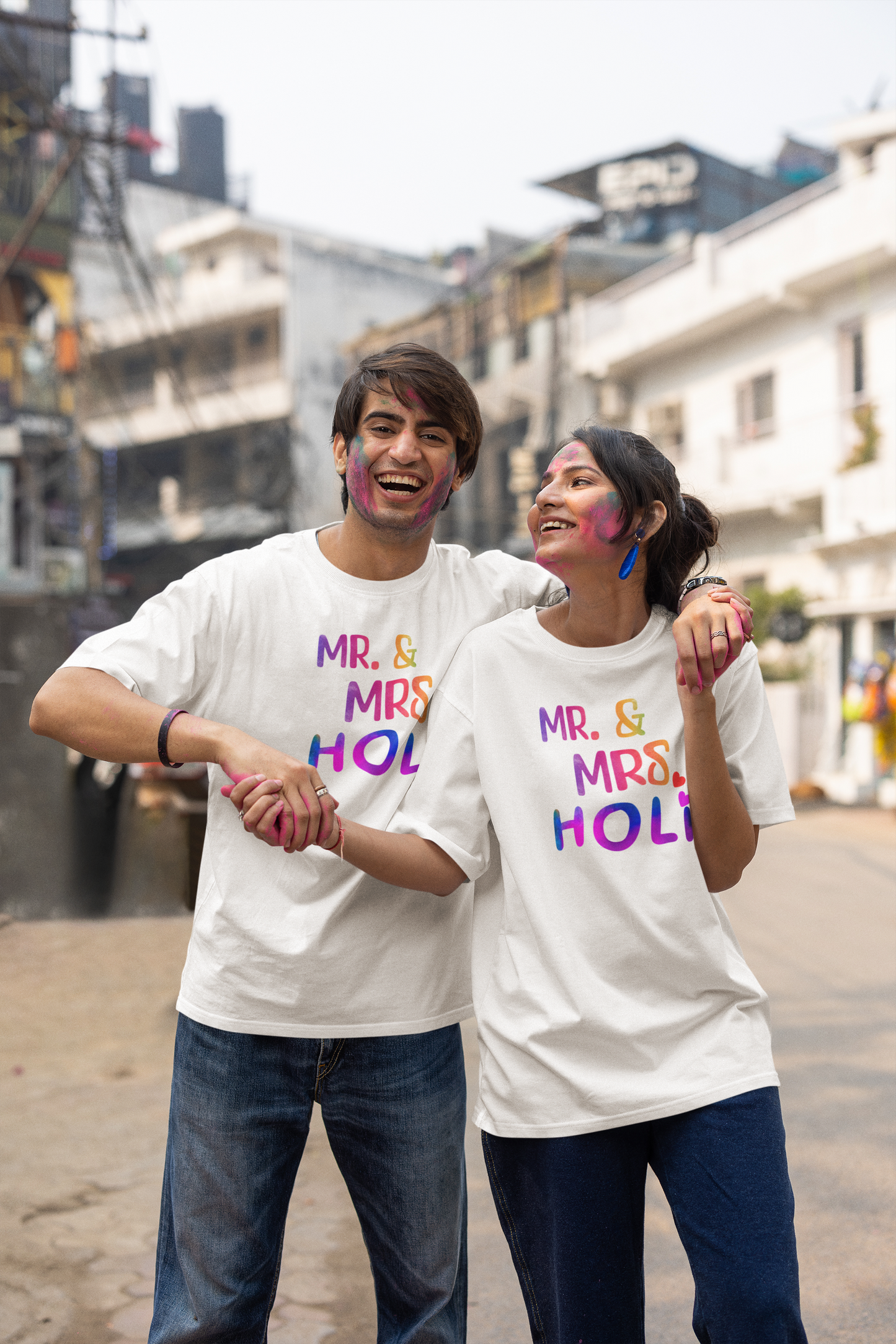 Couple Holi Oversized Printed T-shirt Combo Pack of 2
