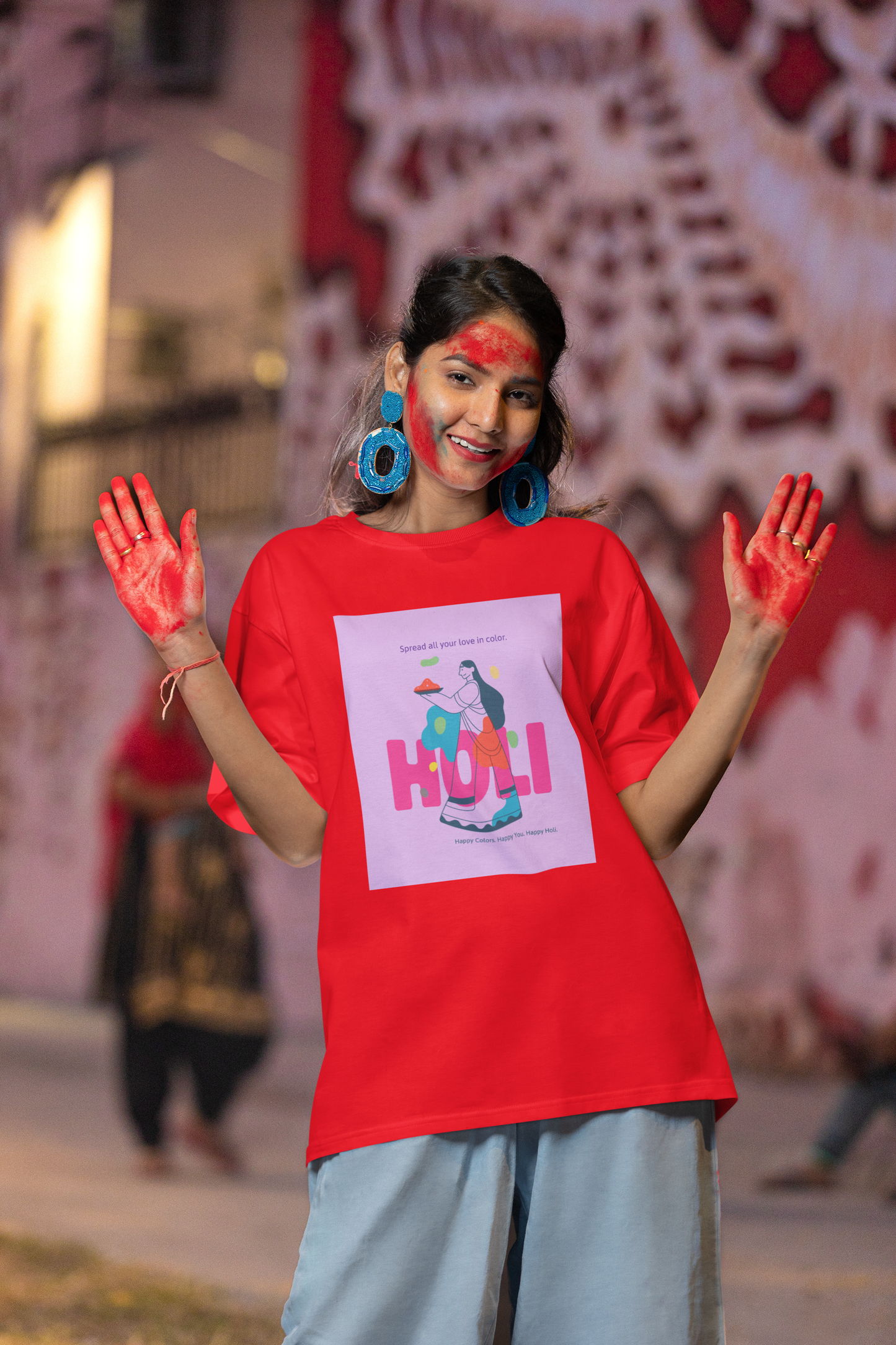 Couple Holi Festival Graphic Printed Oversized T-shirt Combo Pack of 2