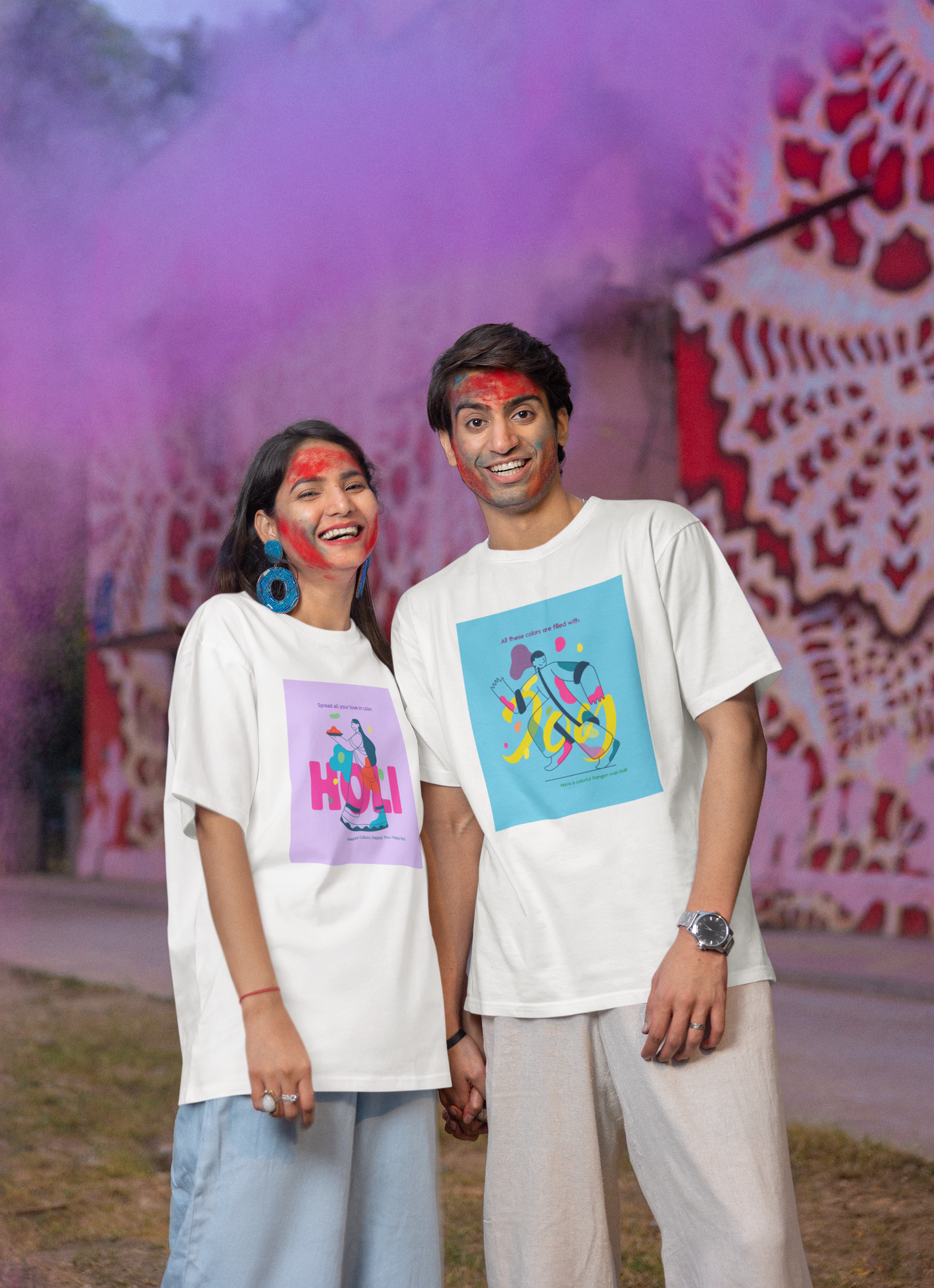 Couple Holi Festival Oversized T-shirt Combo Pack of 2