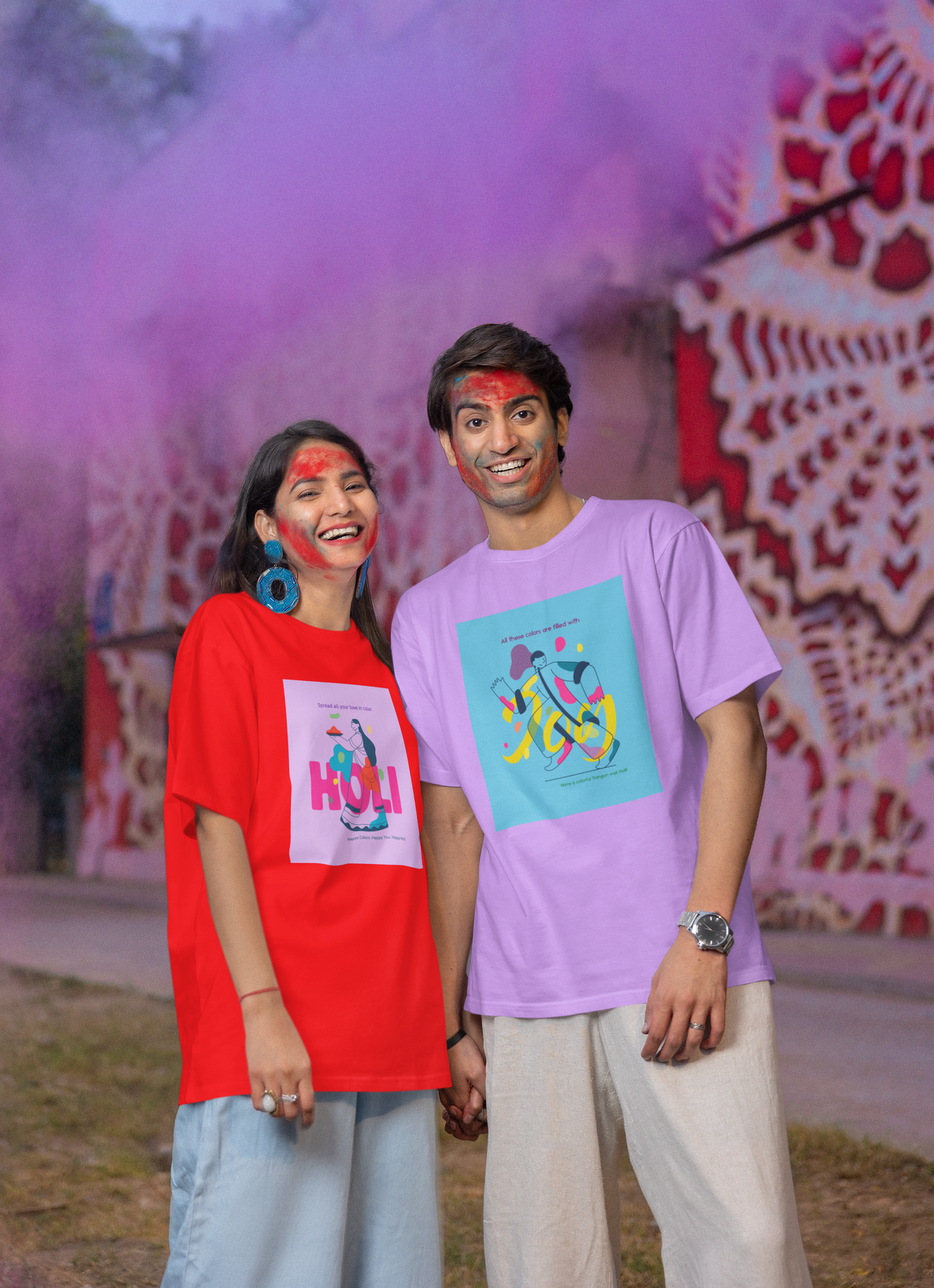 Couple Holi Festival Graphic Printed Oversized T-shirt Combo Pack of 2