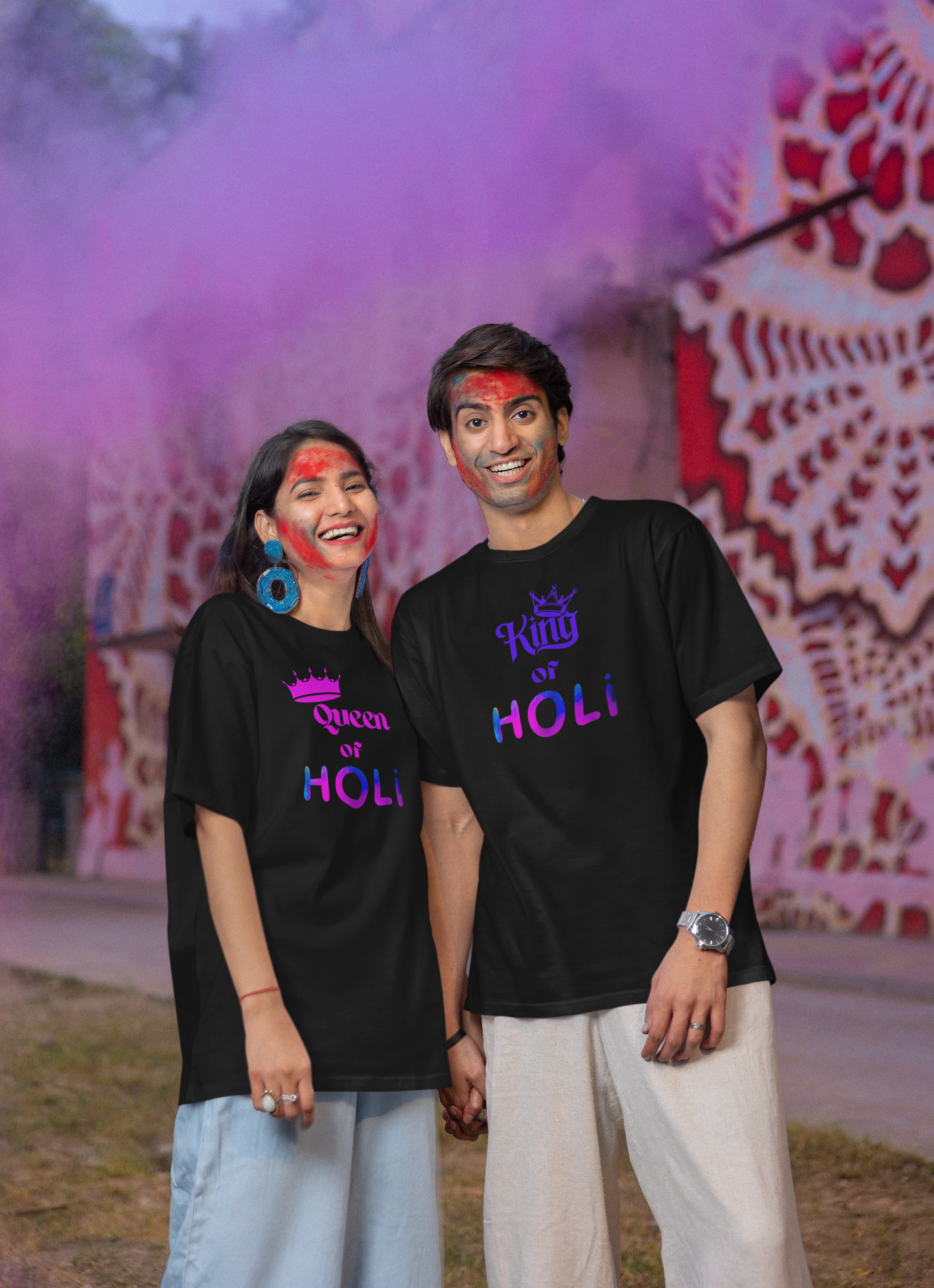 Couple Holi Printed Oversized T-shirt Combo Pack of 2