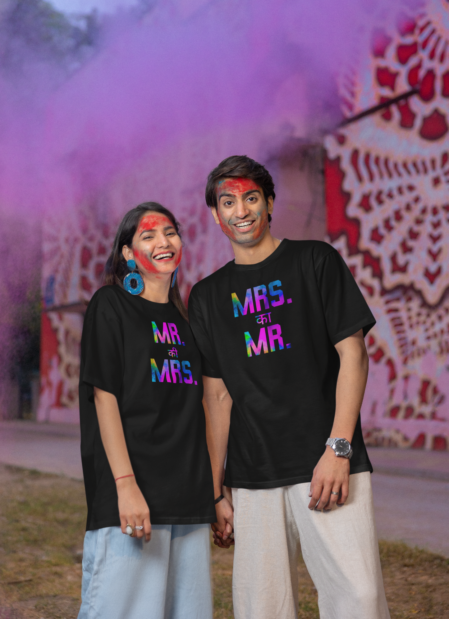 Couple Holi Oversized Printed T-shirt Combo Pack of 2