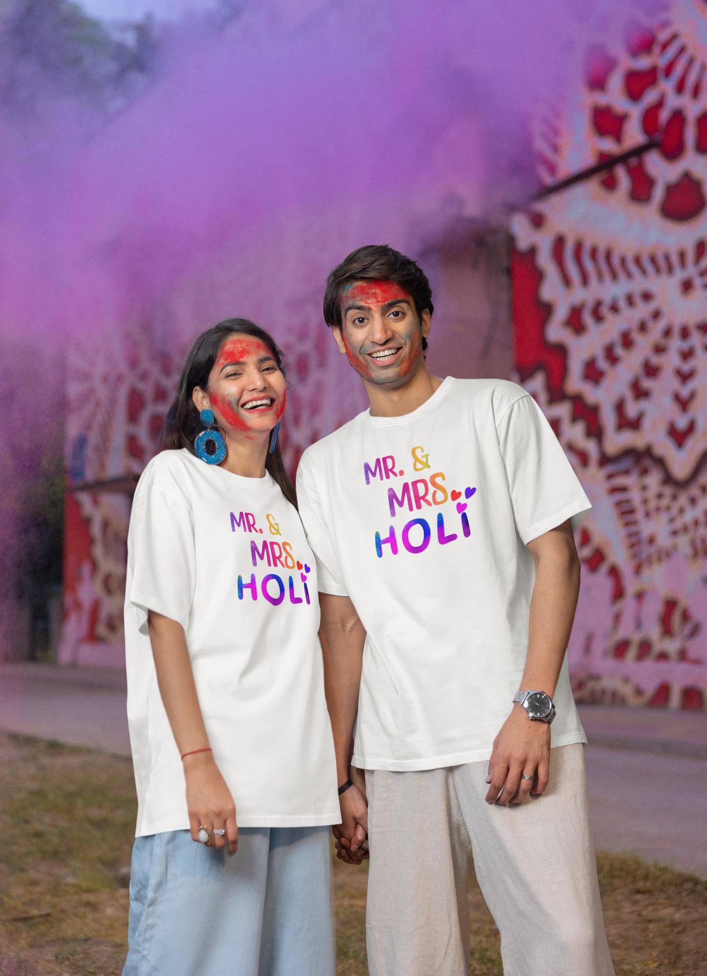 Couple Holi Oversized Printed T-shirt Combo Pack of 2