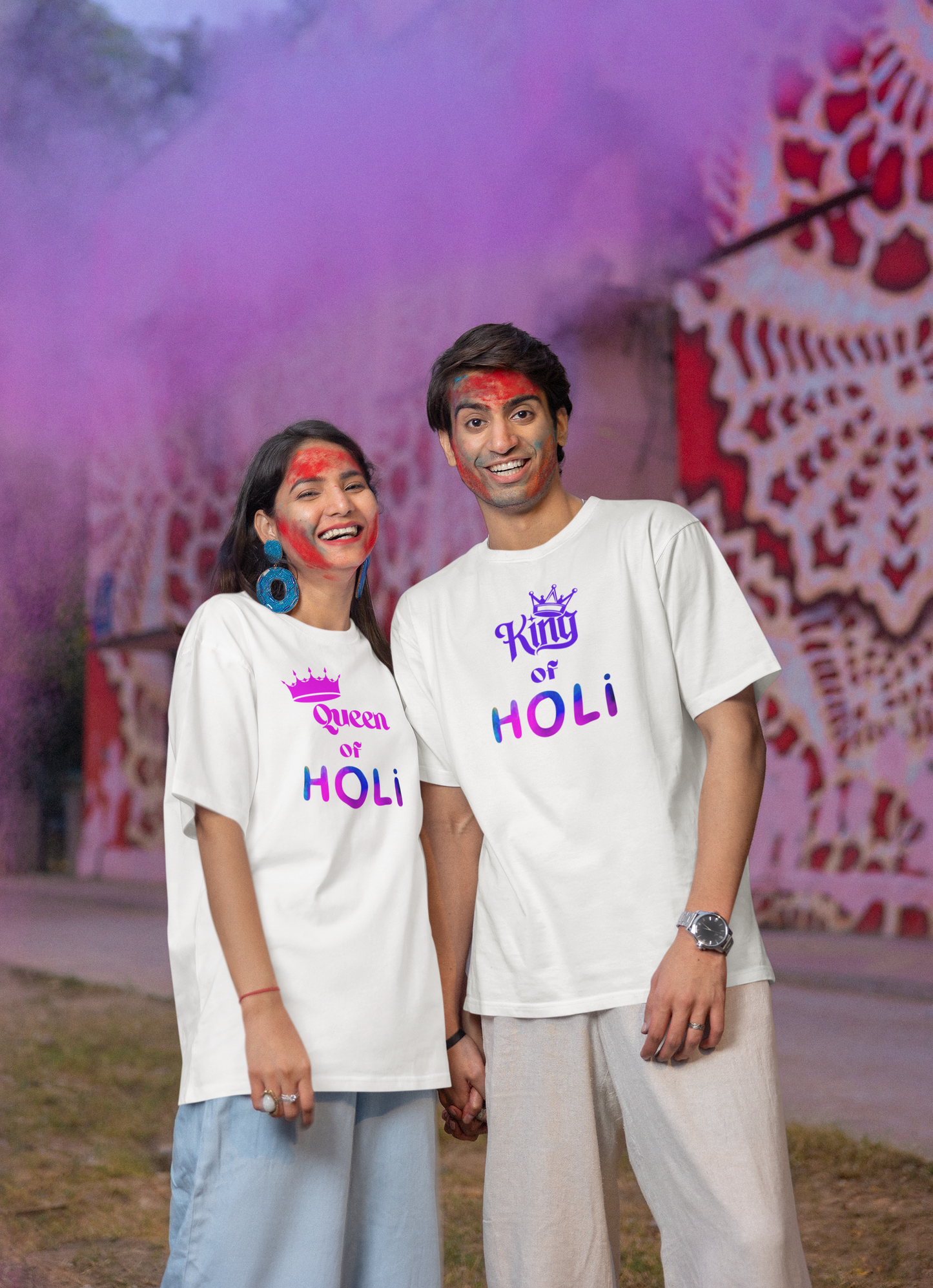Couple Holi Printed Oversized T-shirt Combo Pack of 2