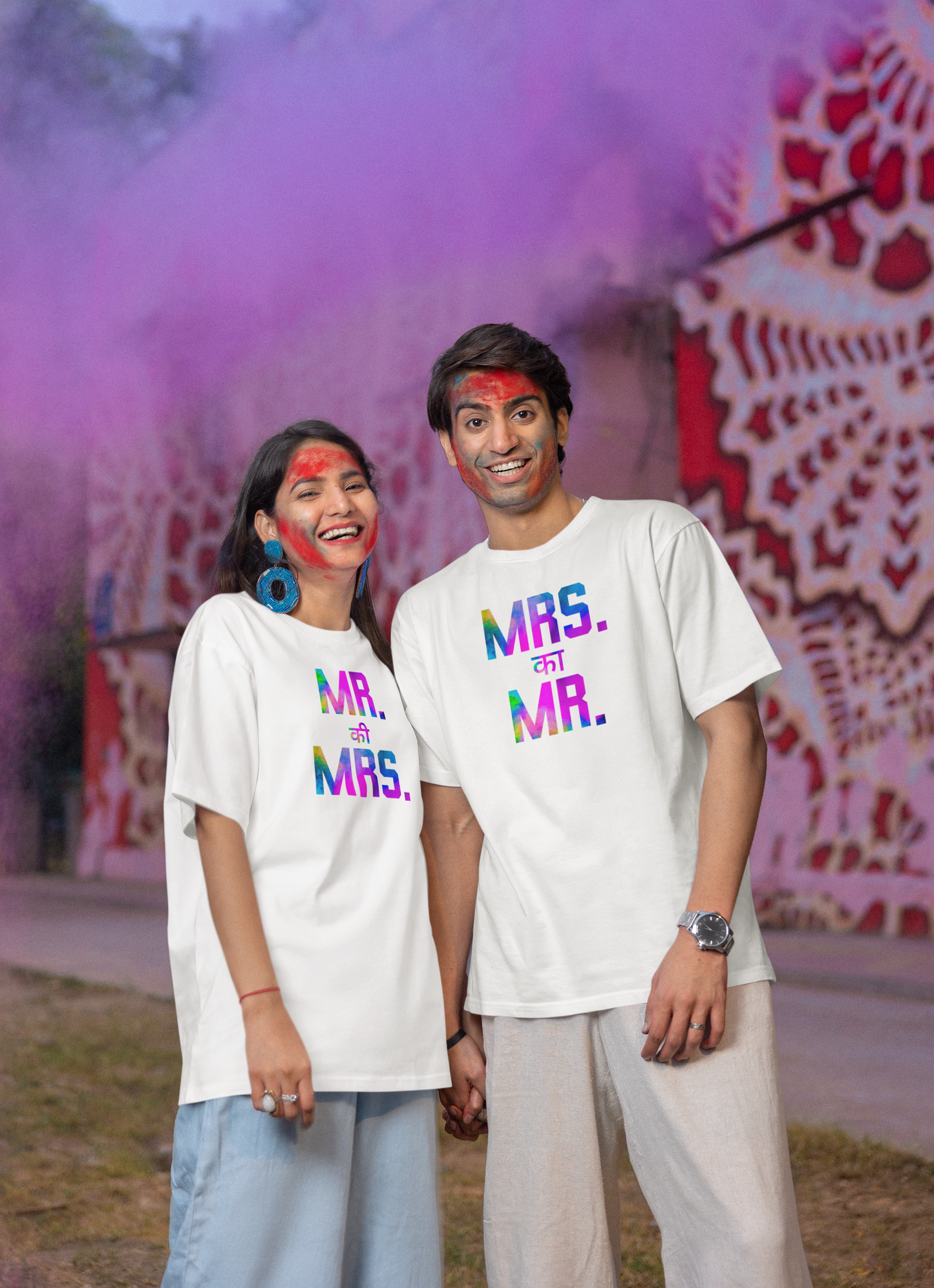 Couple Holi Oversized Printed T-shirt Combo Pack of 2