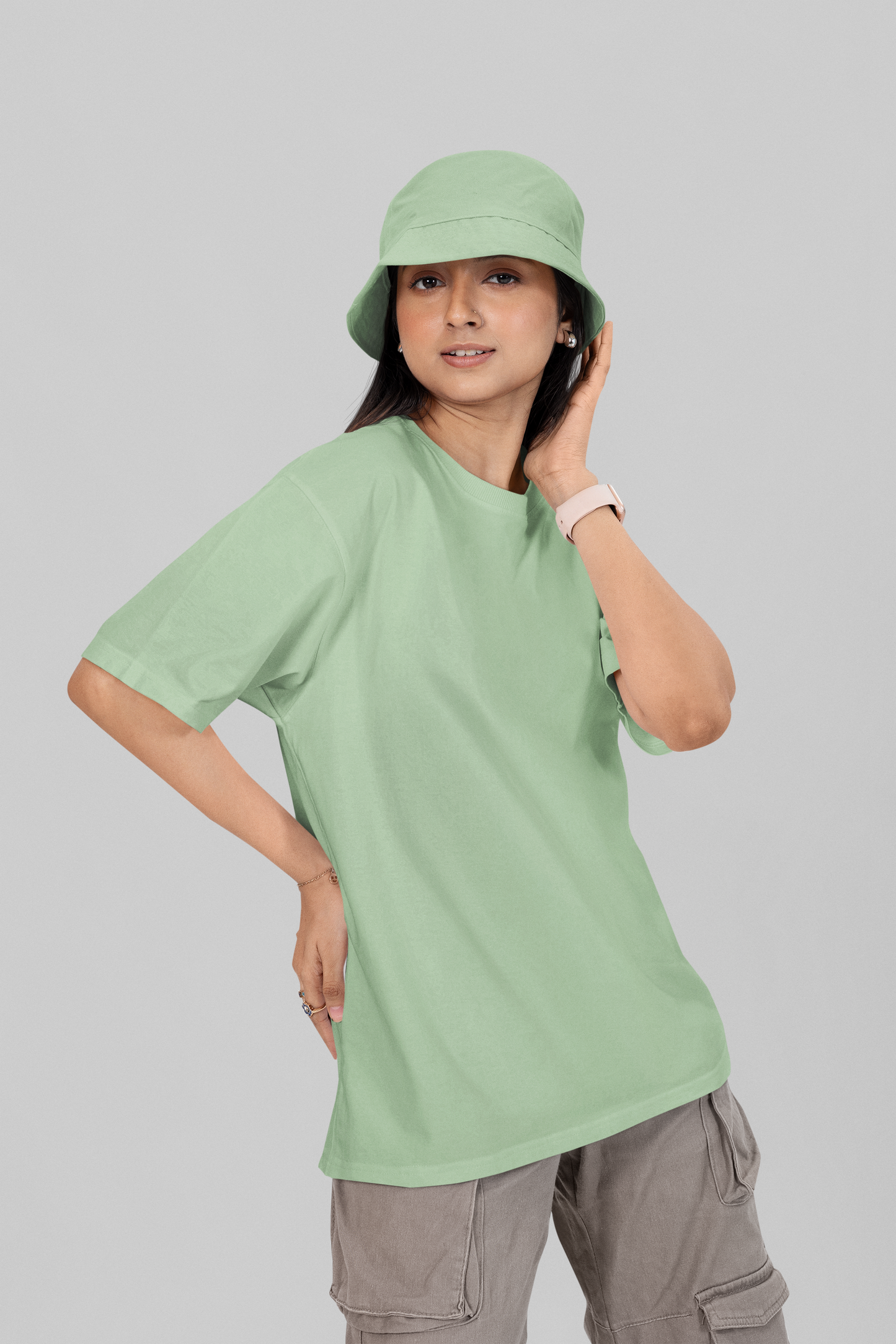 Pistachio Green Classic Casuals Plain Solid Oversized T-shirt