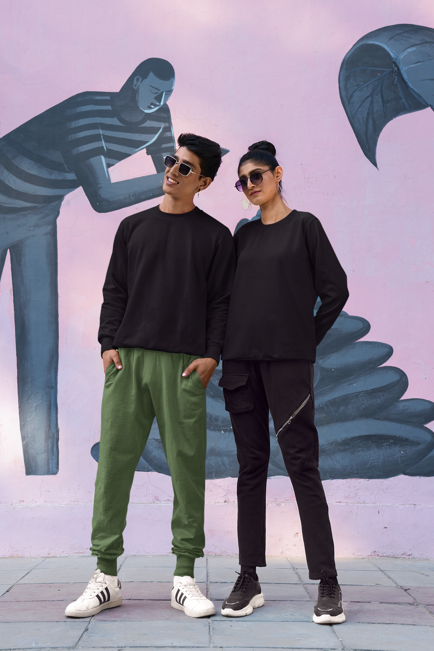 Couple Sweatshirt Solid Plain Black