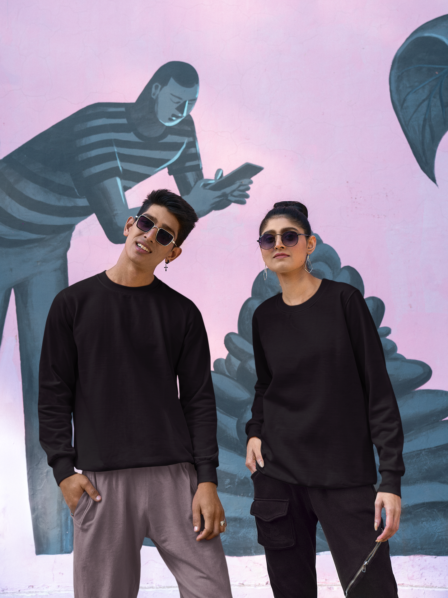Couple Sweatshirt Solid Plain Black