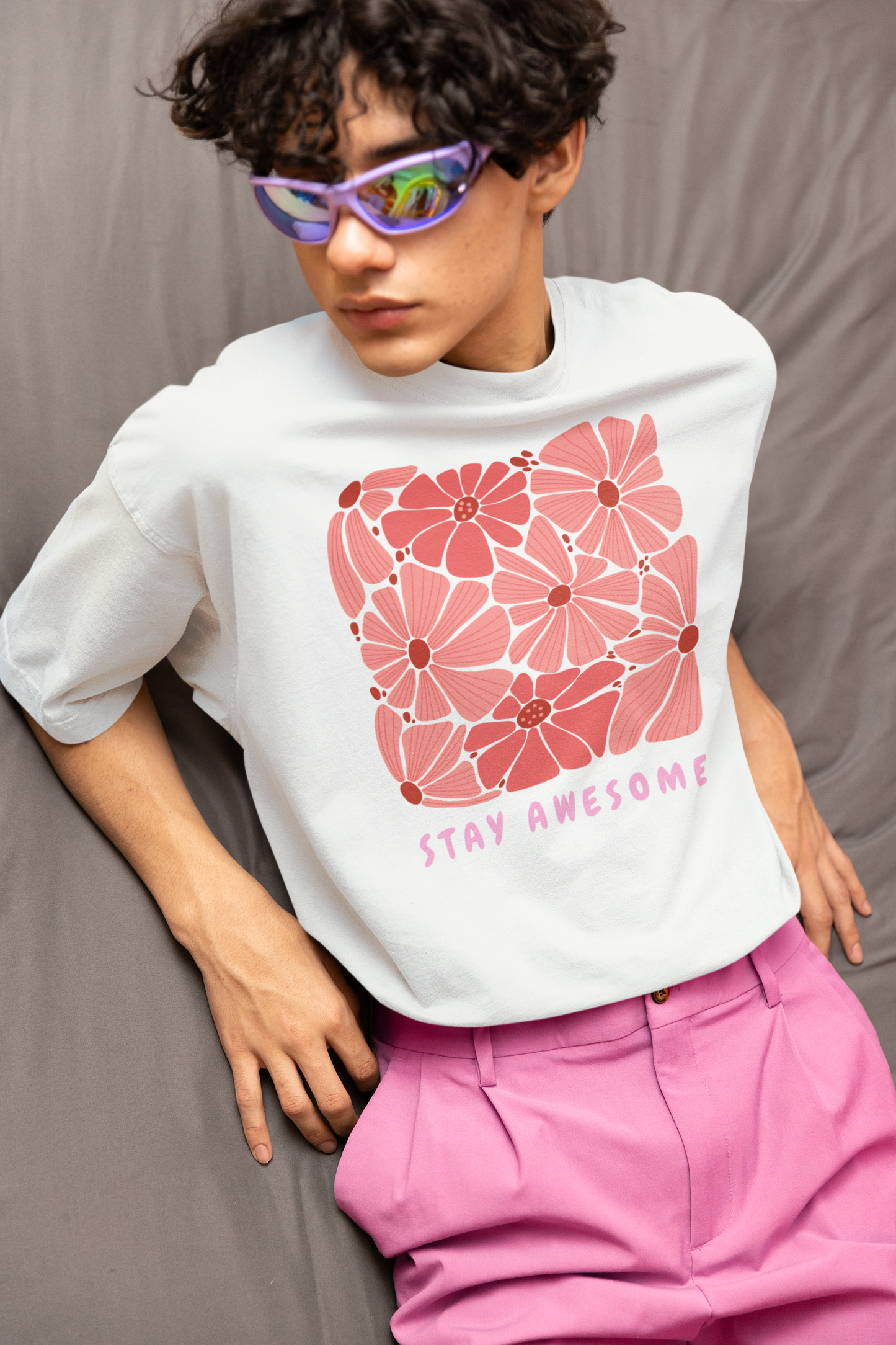 Stay Awesome Flowers Printed Oversized T-shirt