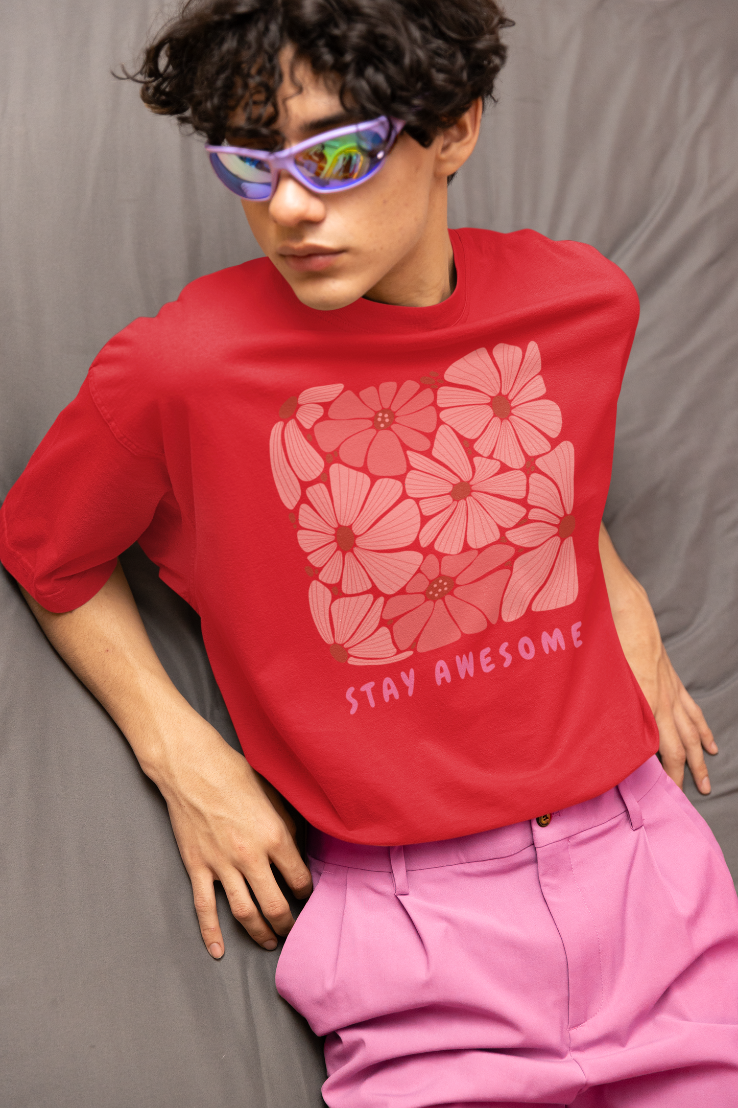 Stay Awesome Flowers Printed Oversized T-shirt