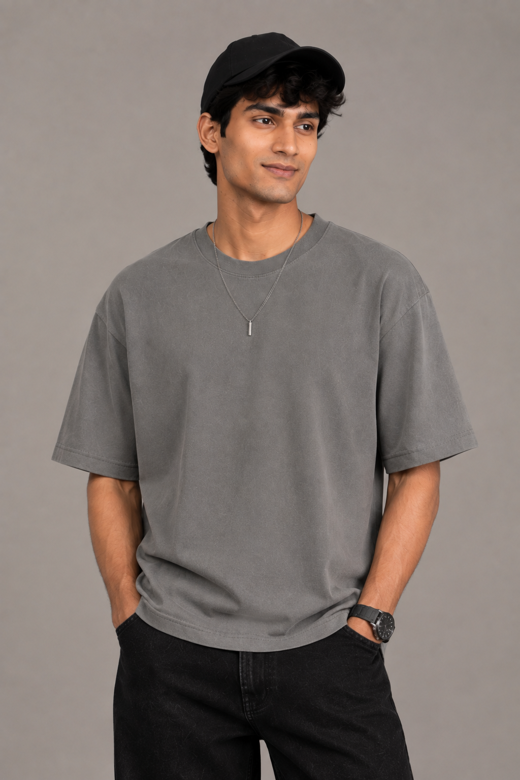 Dark Grey Solid Oversized Tee