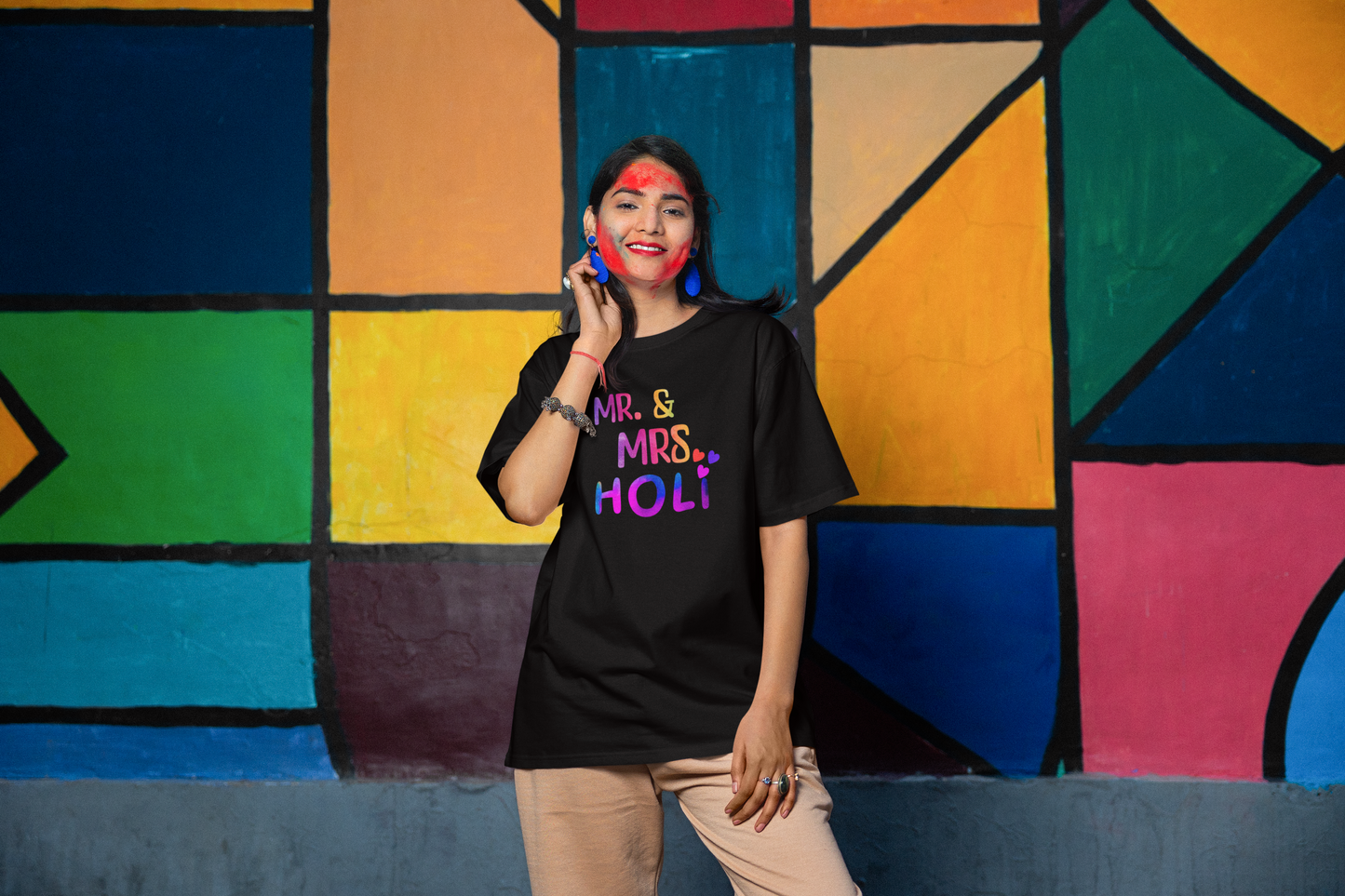 Couple Holi Oversized Printed T-shirt Combo Pack of 2
