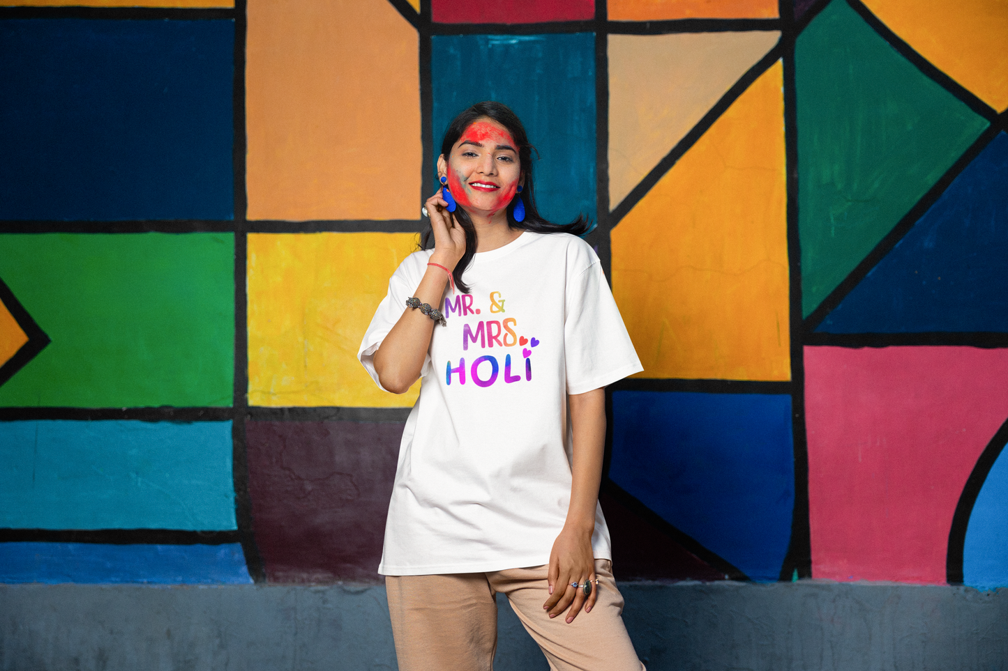 Couple Holi Oversized Printed T-shirt Combo Pack of 2